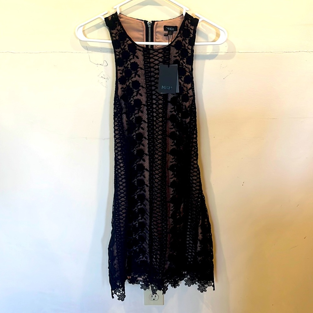 NBD Revolve black lace pattern fitted dress with back zip closure